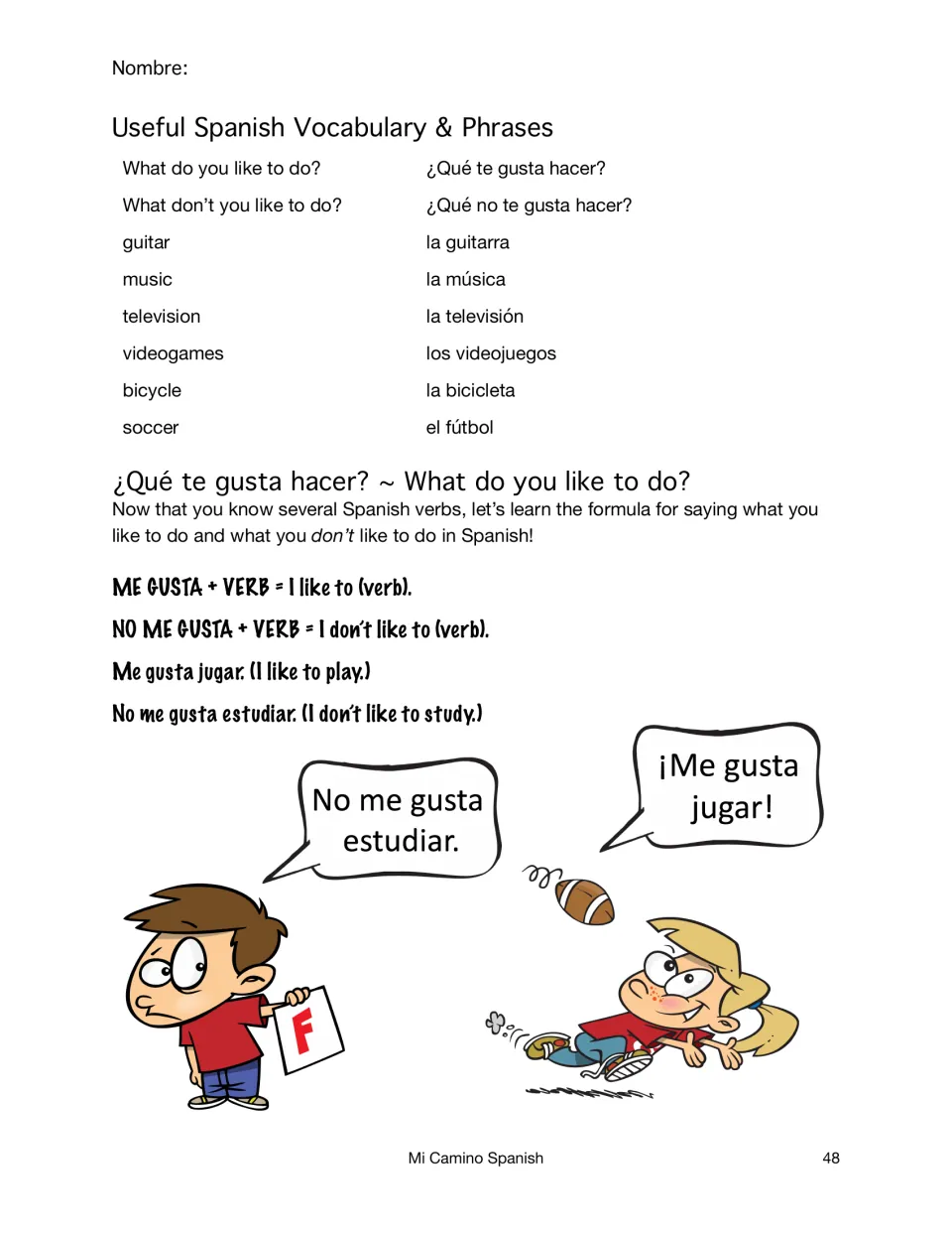 Me gusta + verb formula with examples 'Me gusta jugar' and 'No me gusta estudiar', plus hobby nouns like la guitarra
