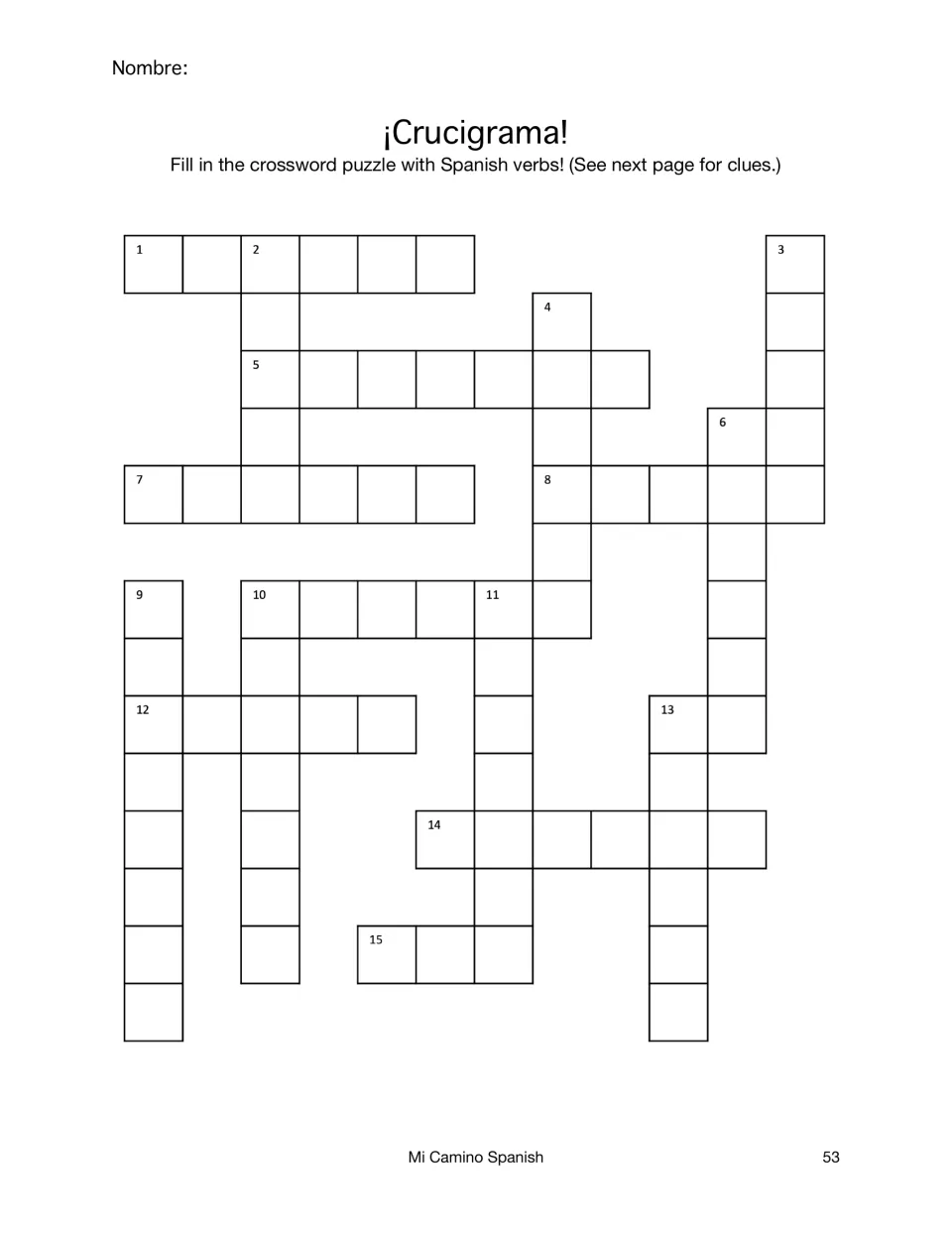 ¡Crucigrama!: students fill in a crossword numbered 1 to 15 with Spanish verbs, using English clues on the next page