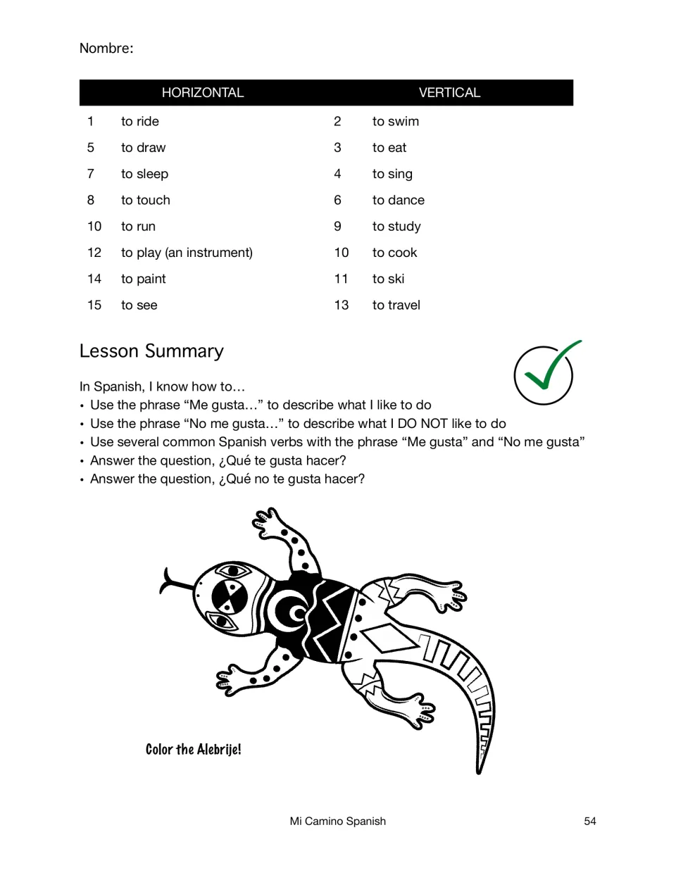 Crossword clues in English such as to ride and to ski, a Lesson Summary of 'Me gusta' skills and an alebrije to color