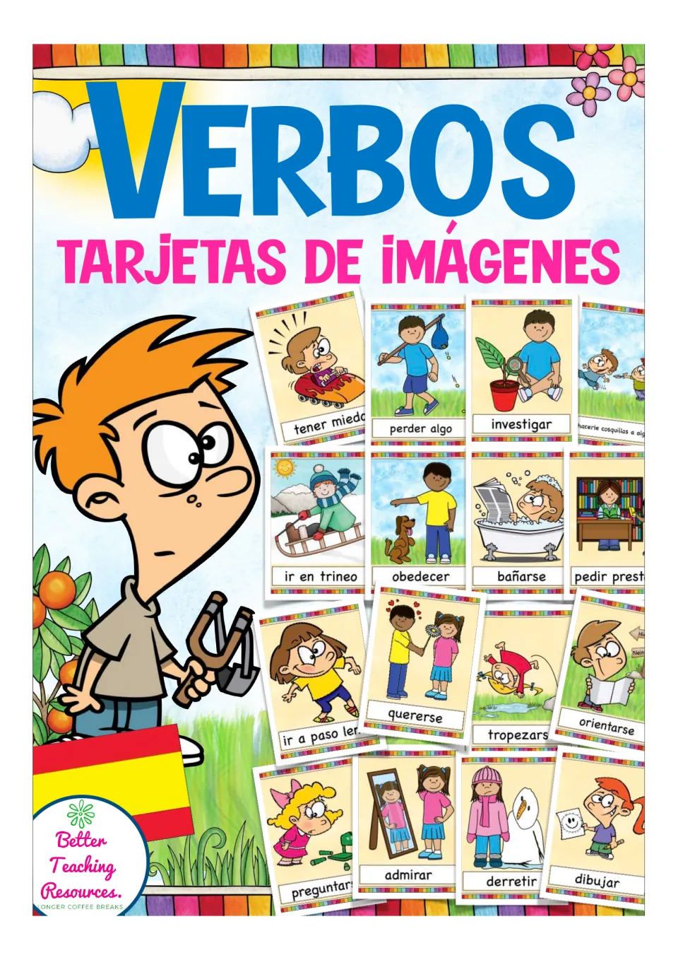 Cover for Verbos tarjetas de imágenes: Spanish action-verb picture cards such as tener miedo, obedecer, bañarse and dibujar