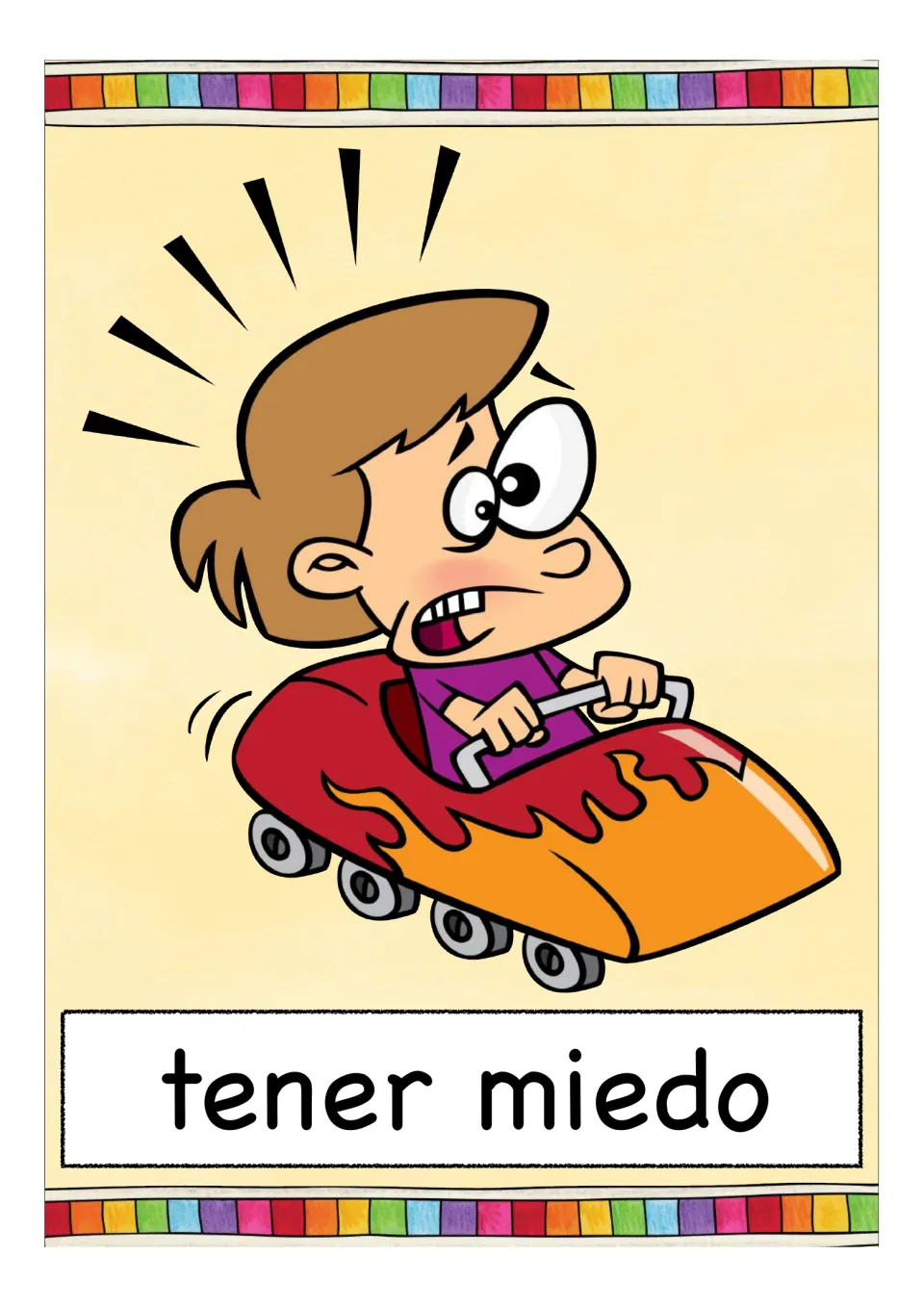 Spanish verb card 'tener miedo' (to be afraid): a wide-eyed child grips the bar of a speeding red and orange ride car