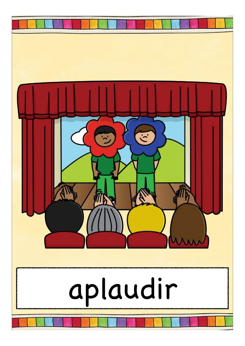 Picture card for the Spanish verb 'aplaudir' (to clap): an audience claps for two children in flower costumes on a stage