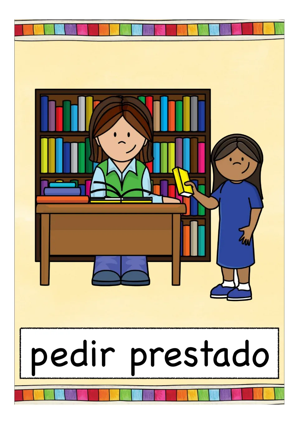 Verb card 'pedir prestado' (to borrow): a girl holds out a yellow book to a woman at a library desk in front of bookshelves