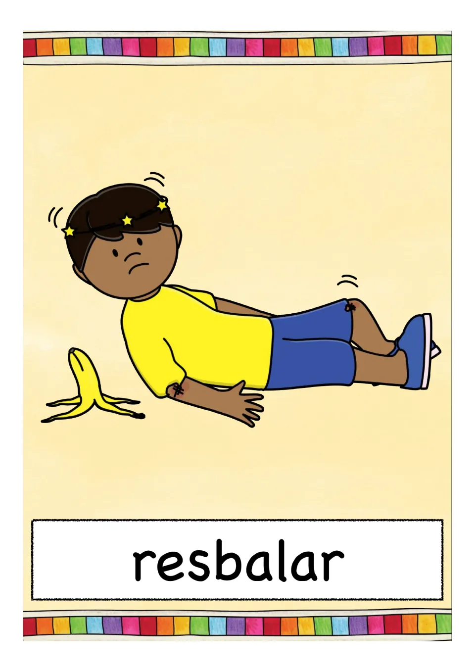 Spanish verb 'resbalar' (to slip) on a picture card: a dazed boy with stars around his head lies beside a banana peel