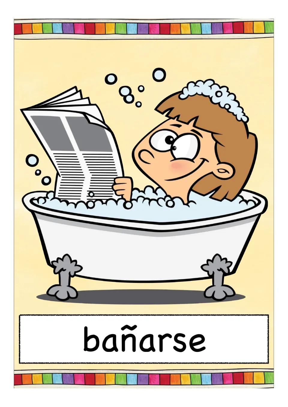 Card for the reflexive verb 'bañarse' (to bathe): a smiling child reads a newspaper in a bubble-filled clawfoot bathtub