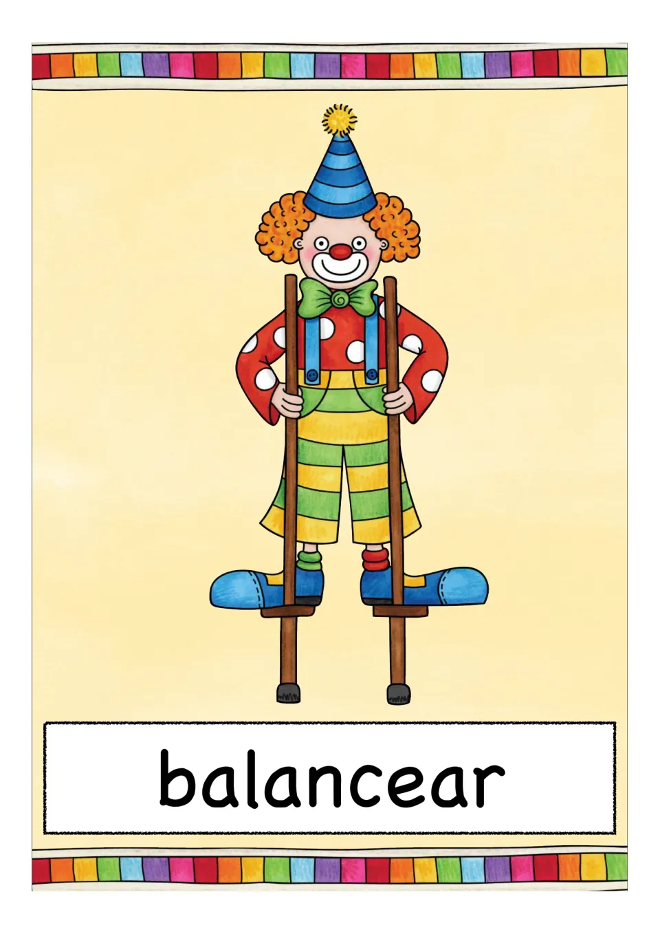 Spanish verb card 'balancear' (to balance): a clown in a striped party hat and polka-dot shirt stands on wooden stilts