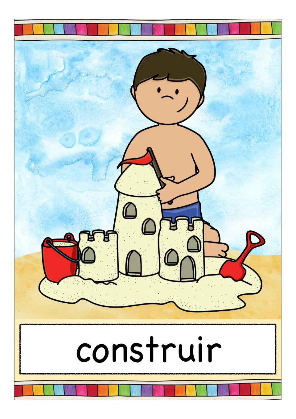 Picture card for 'construir' (to build): a boy at the beach builds a sandcastle with a flag, a red bucket and a red spade