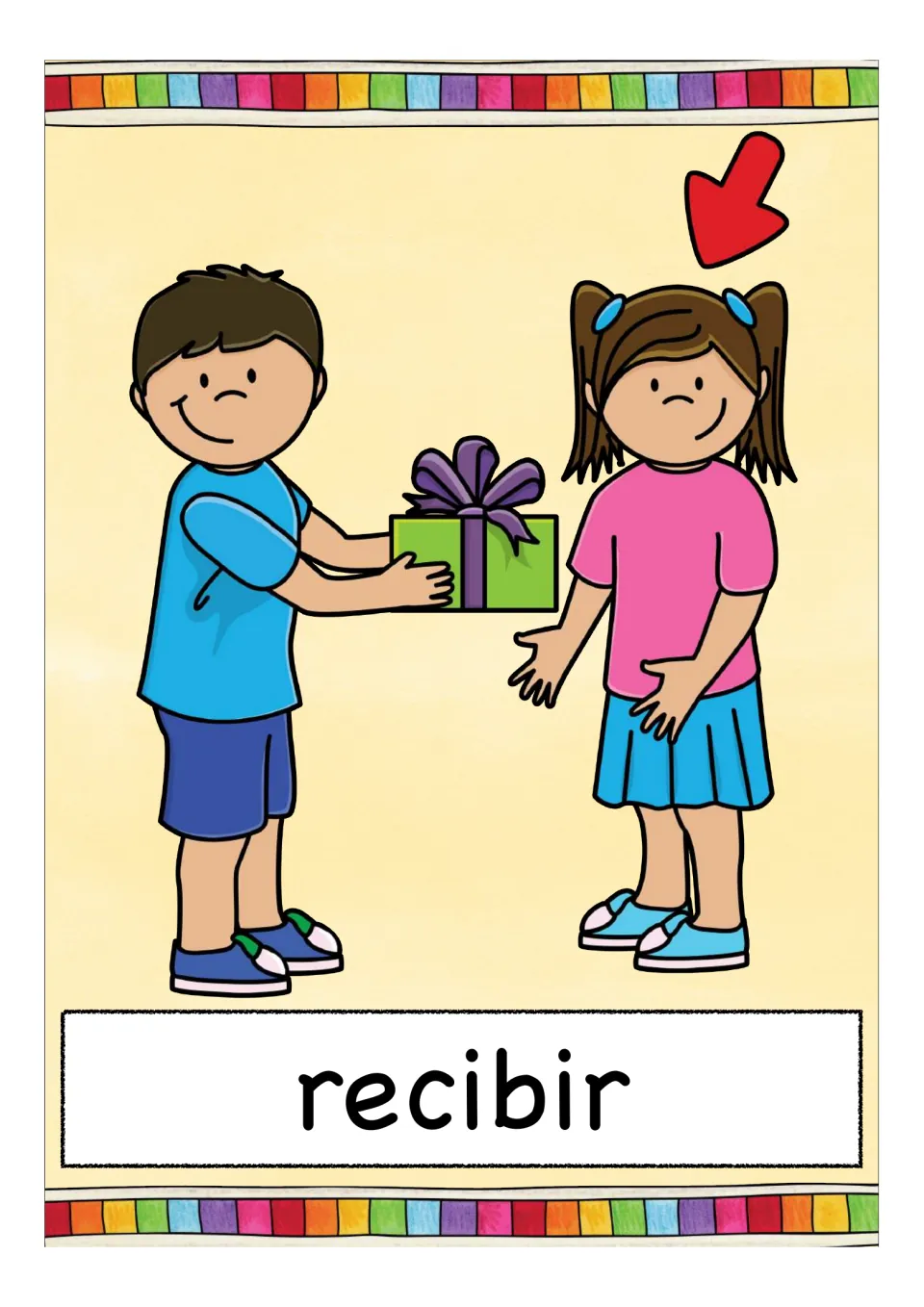 Verb card 'recibir' (to receive): a boy hands a wrapped green gift to a girl, with a red arrow pointing down at her