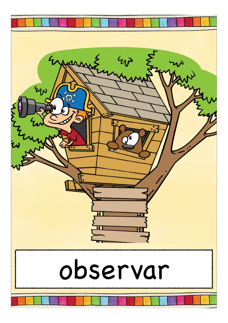 Spanish verb 'observar' (to observe) on a card: a boy in a pirate hat looks through a telescope from a treehouse with a bear