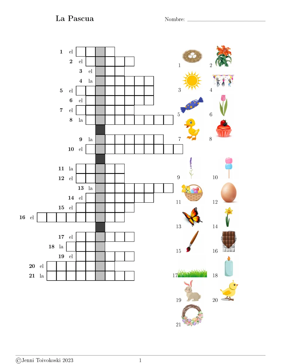 La Pascua crossword: students write 21 Spanish nouns with el or la for pictured Easter items like nest, egg and bunny