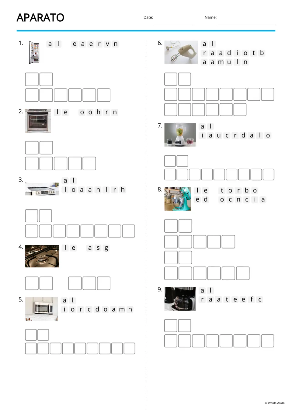 Spanish picture anagrams 1–9: la nevera (refrigerator), el horno (oven) and seven more kitchen appliances