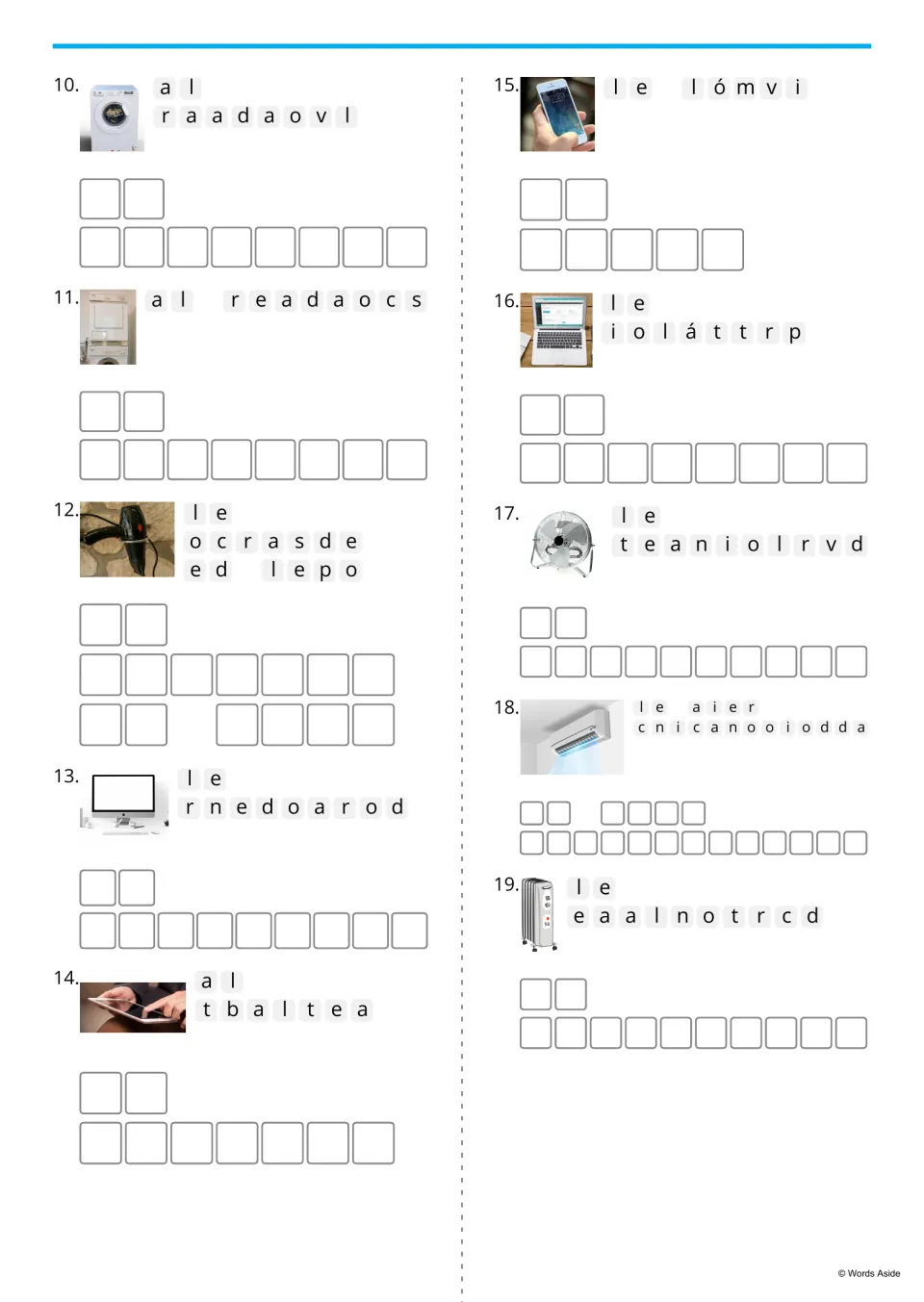 Spanish picture anagrams 10–19: la lavadora (washer), la secadora (dryer) and eight more household devices