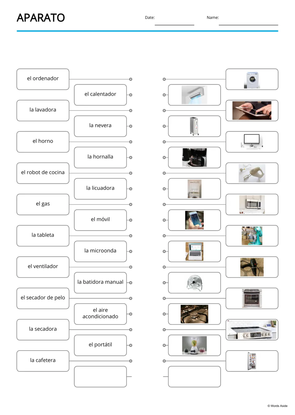 Spanish word-to-picture matching for 19 devices, including el ordenador (computer) and la nevera (refrigerator)
