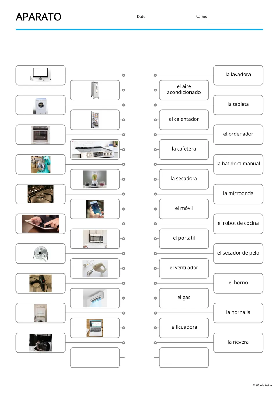 Spanish picture-to-word matching for 19 devices, including la lavadora (washer) and la tableta (tablet)