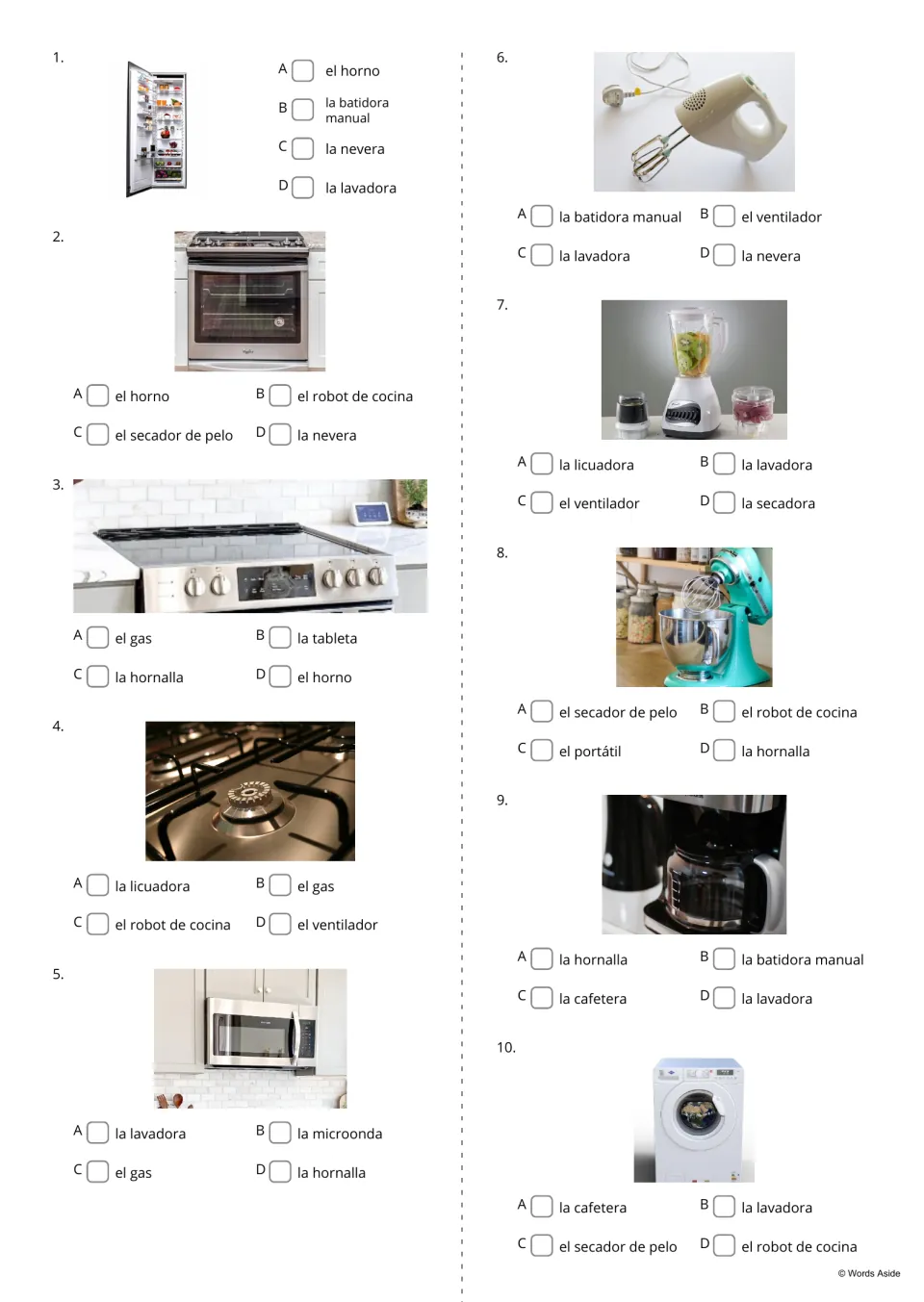 Spanish picture-to-word questions 1–10: choose names for a refrigerator, oven, blender and seven more appliances