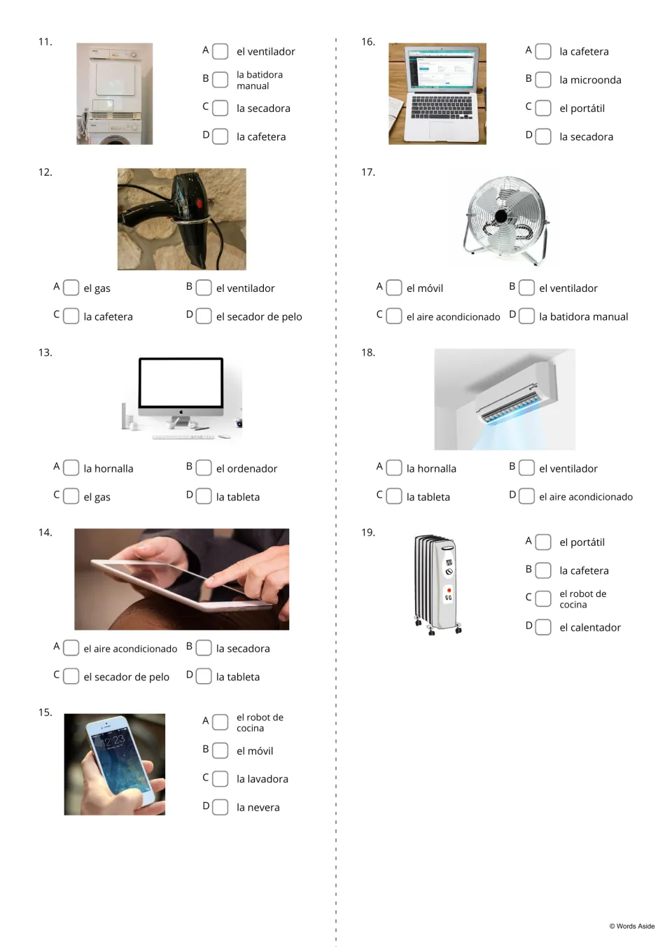 Spanish picture-to-word questions 11–19: choose names for a dryer, hair dryer, computer and six more devices