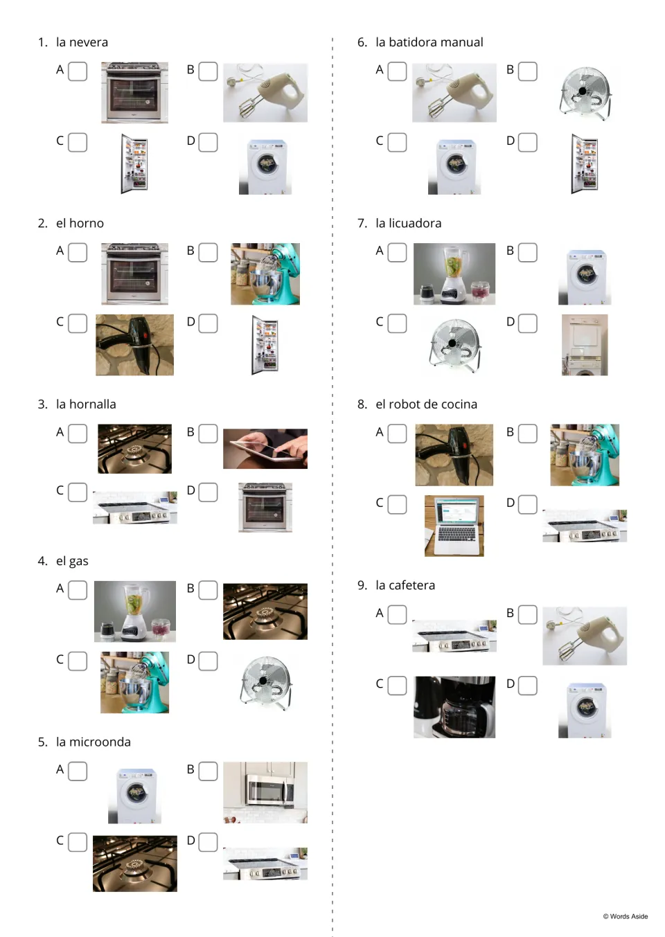 Spanish word-to-picture questions 1–9: identify la nevera (refrigerator), el horno (oven) and seven more