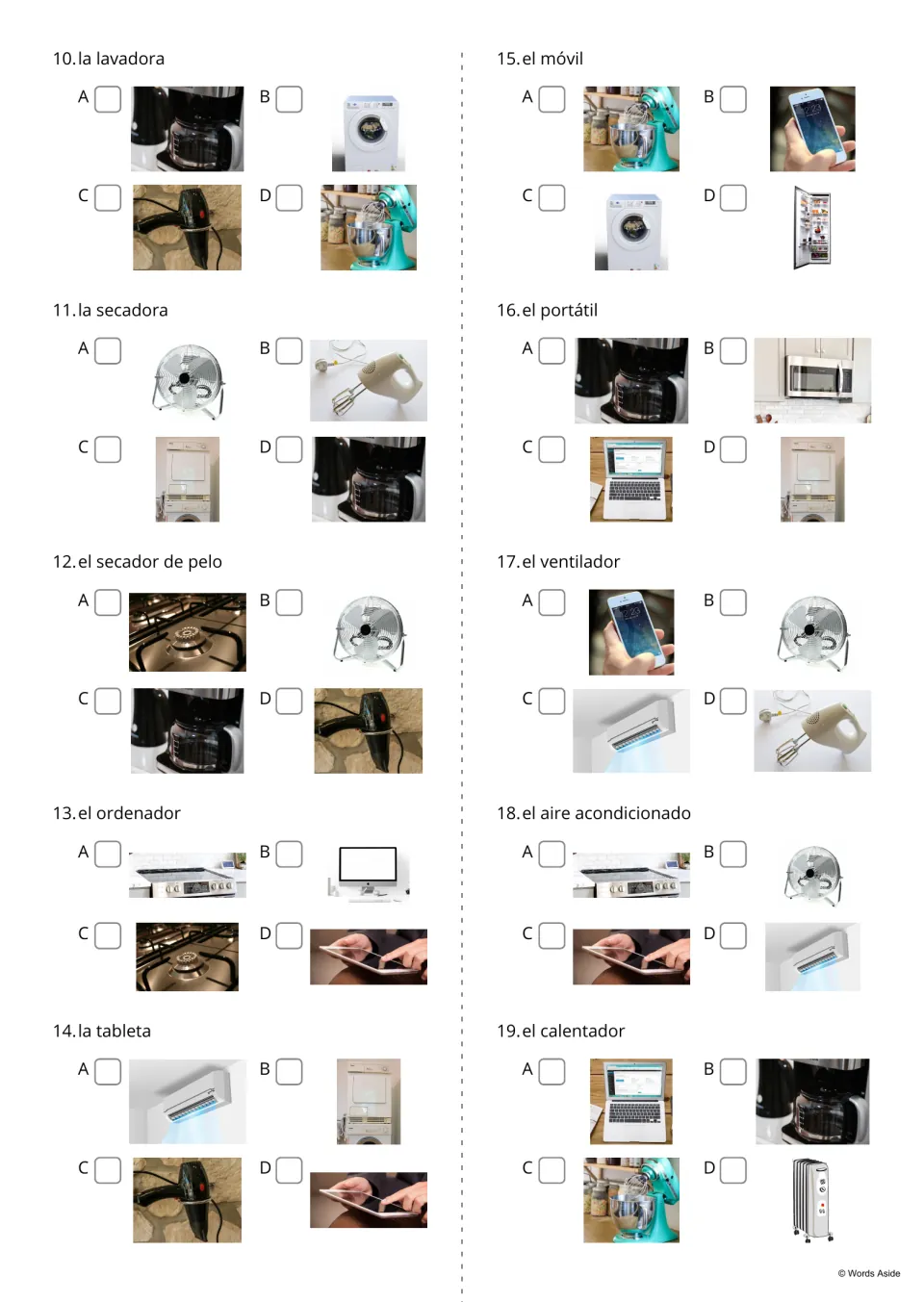 Spanish word-to-picture questions 10–19: identify la lavadora (washer), el móvil (phone) and eight more