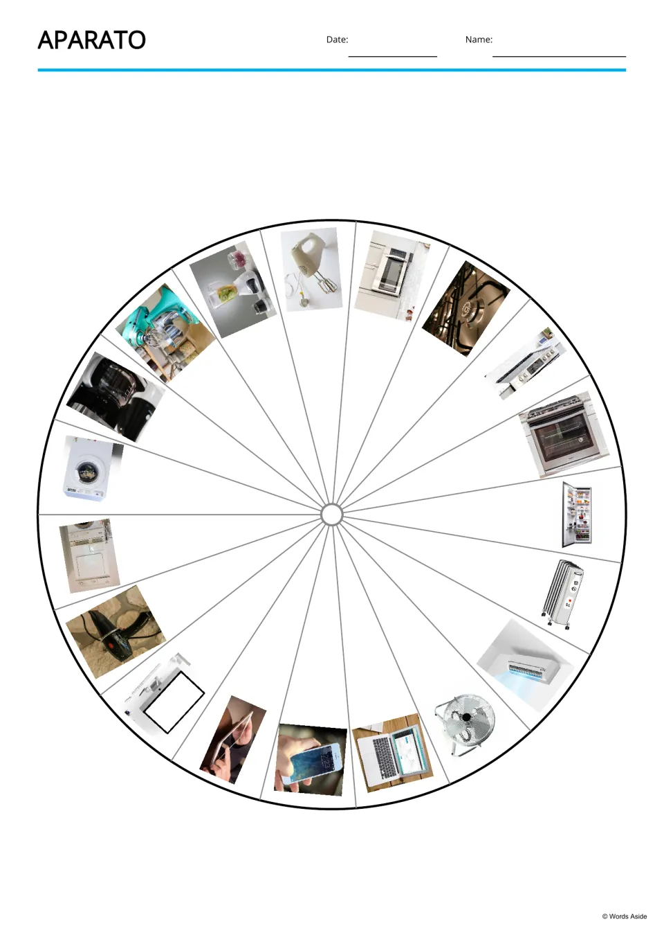 Picture wheel for Spanish device vocabulary, showing all 19 appliances and devices, from refrigerator to heater