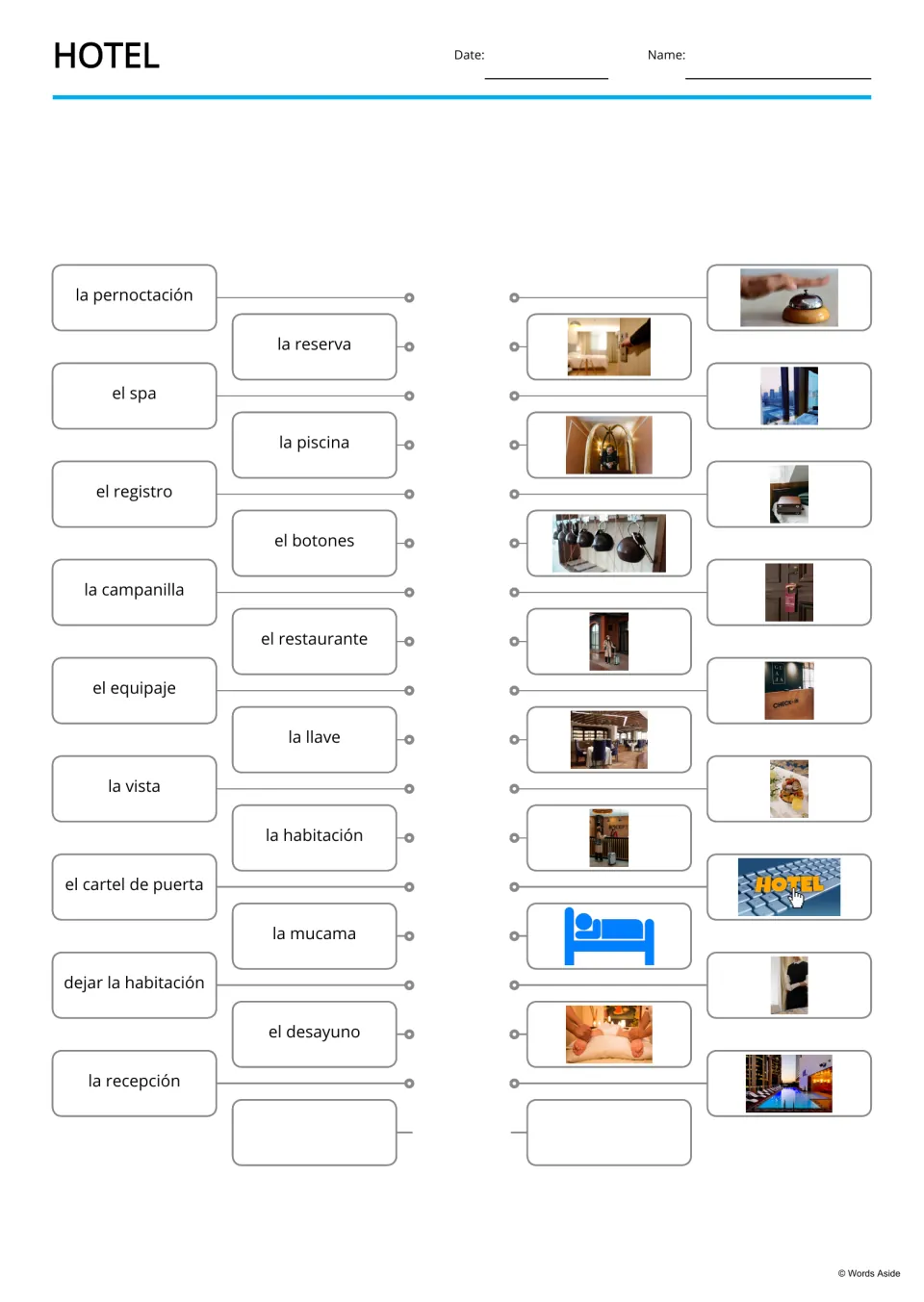 Spanish hotel word-to-picture matching for 17 terms, including el equipaje (luggage) and la vista (view)