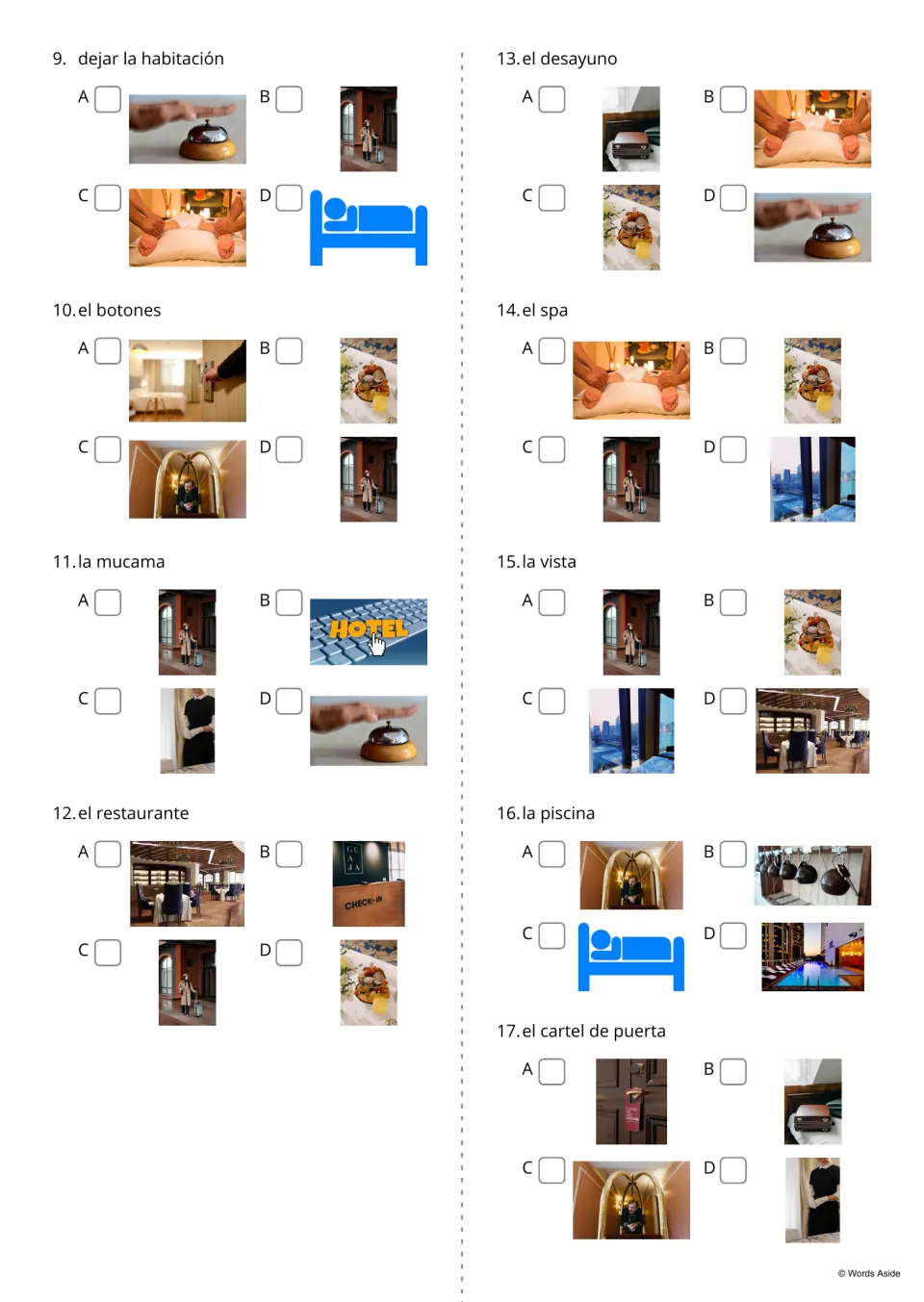 Spanish hotel multiple-choice items 9–17 ask students to select pictures for el botones (bellhop) and more