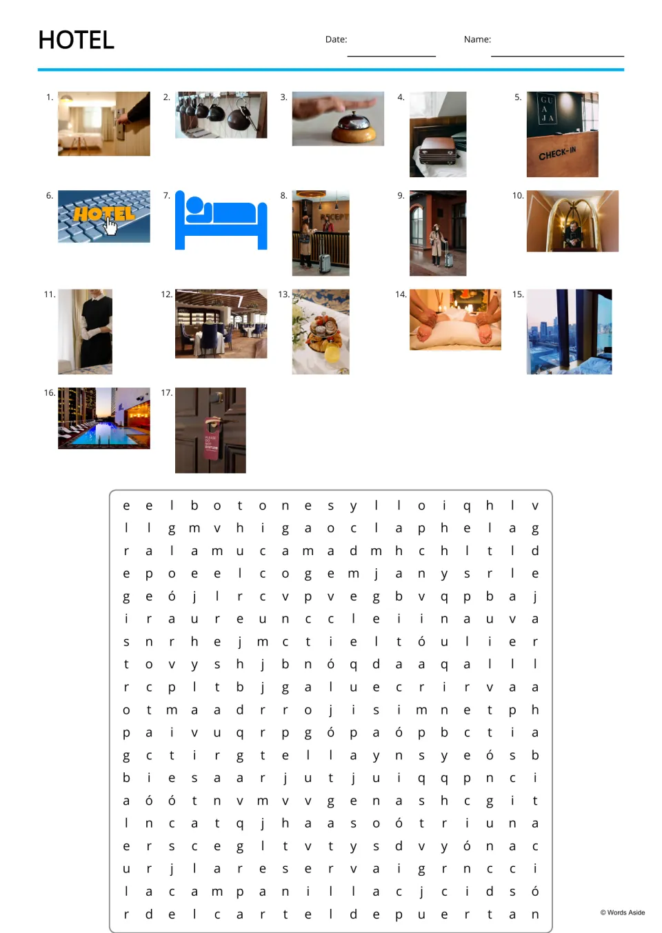 Spanish hotel word search has 17 picture clues and hidden terms including la mucama (maid) and la reserva