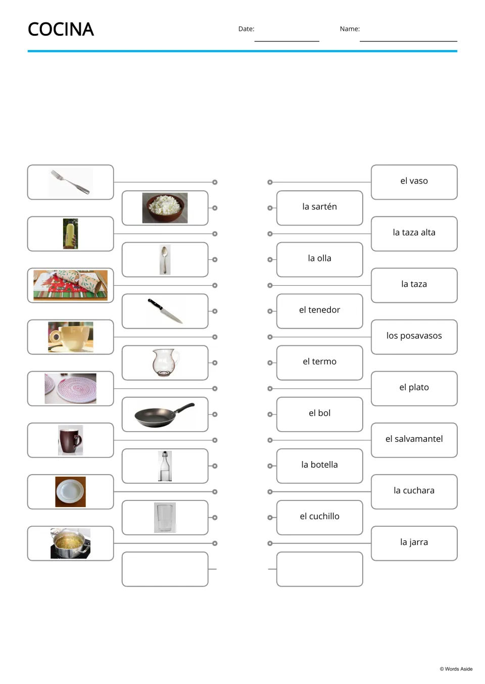 Spanish kitchen picture-to-word matching for 15 terms, including la cuchara (spoon) and la olla (pot)