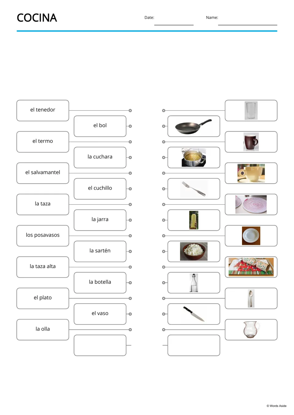 Spanish kitchen word-to-picture matching for 15 terms, including el tenedor (fork) and el bol (bowl)