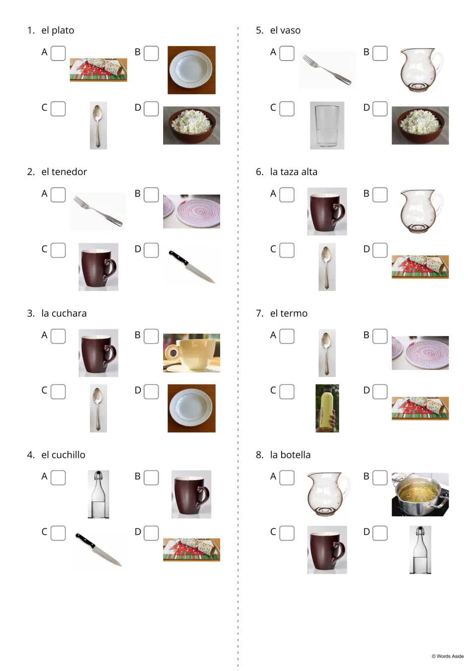 Spanish kitchen multiple-choice items 1–8 ask students to select photos for words such as el plato (plate)