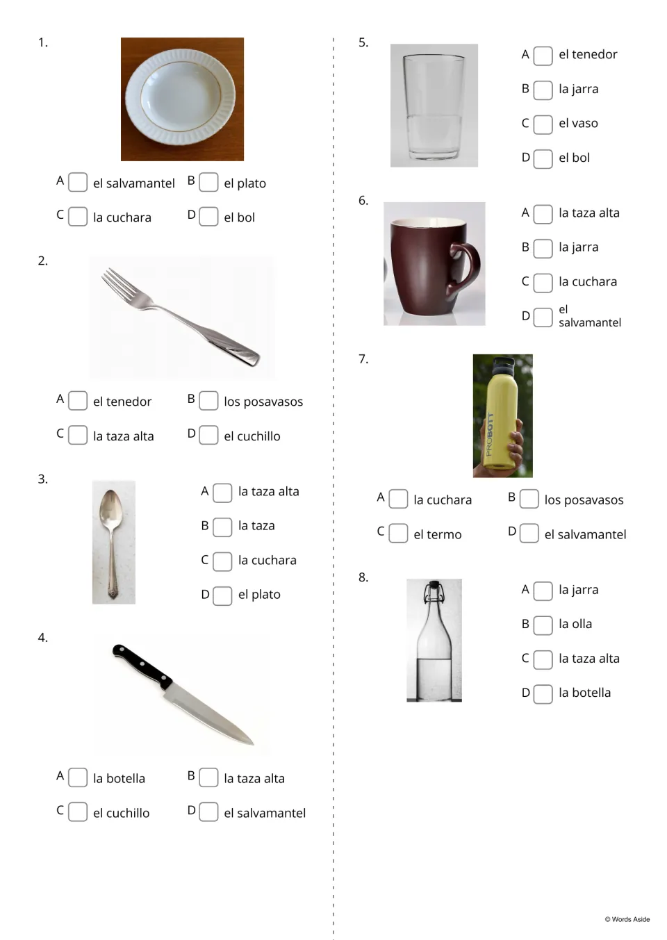 Spanish kitchen photo questions 1–8 offer word choices for a plate, fork, spoon, knife, glass, and more