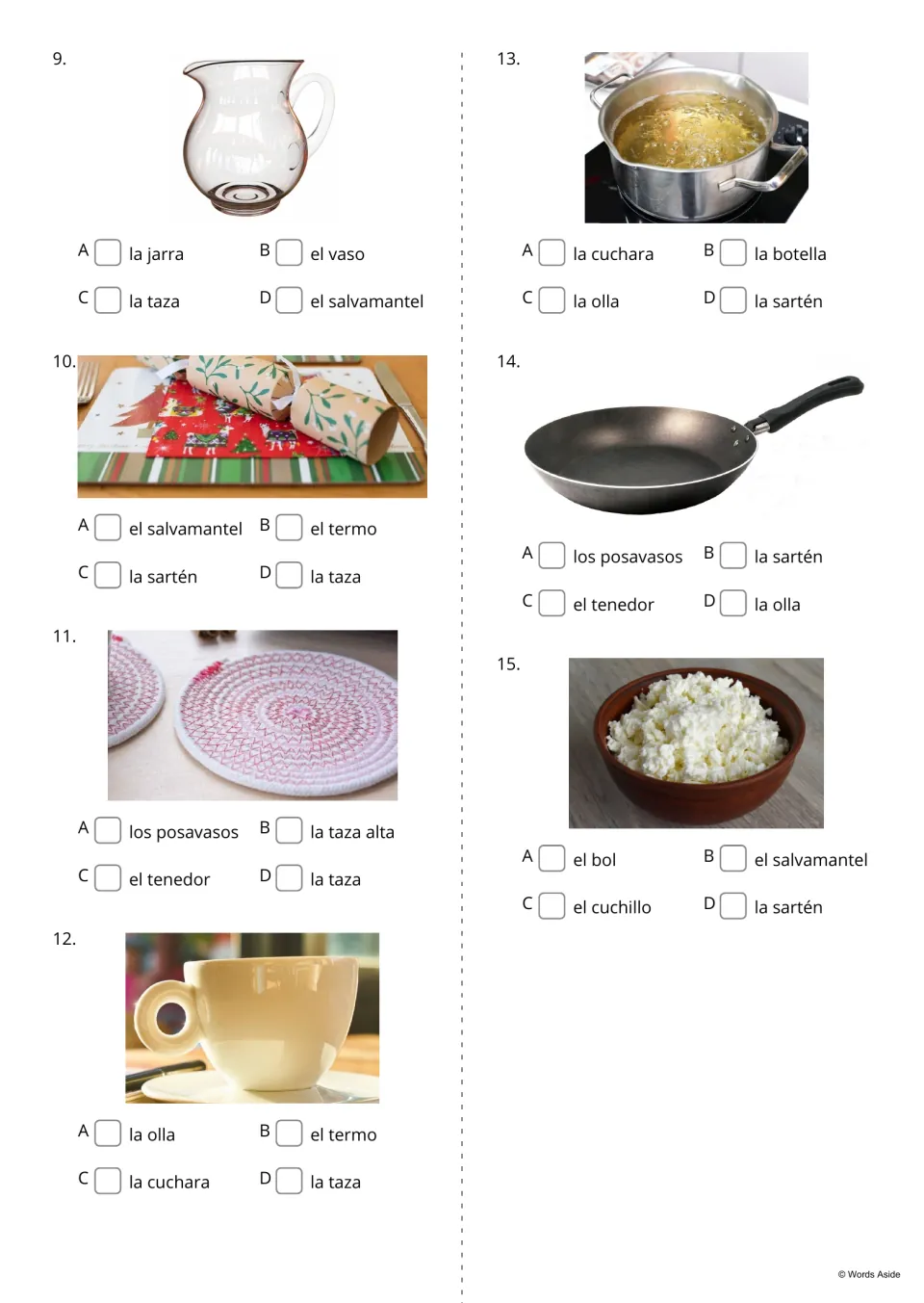 Spanish kitchen photo questions 9–15 offer word choices for a pitcher, placemat, coasters, cup, and more