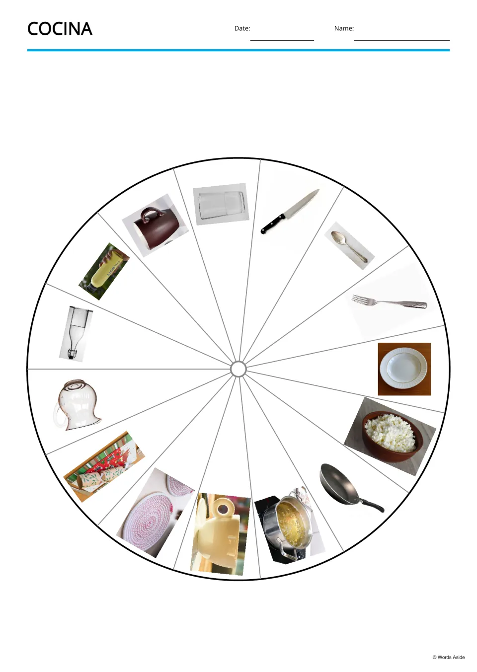 Spanish kitchen vocabulary picture wheel showing all 15 objects, including a fork, plate, pot, and cup