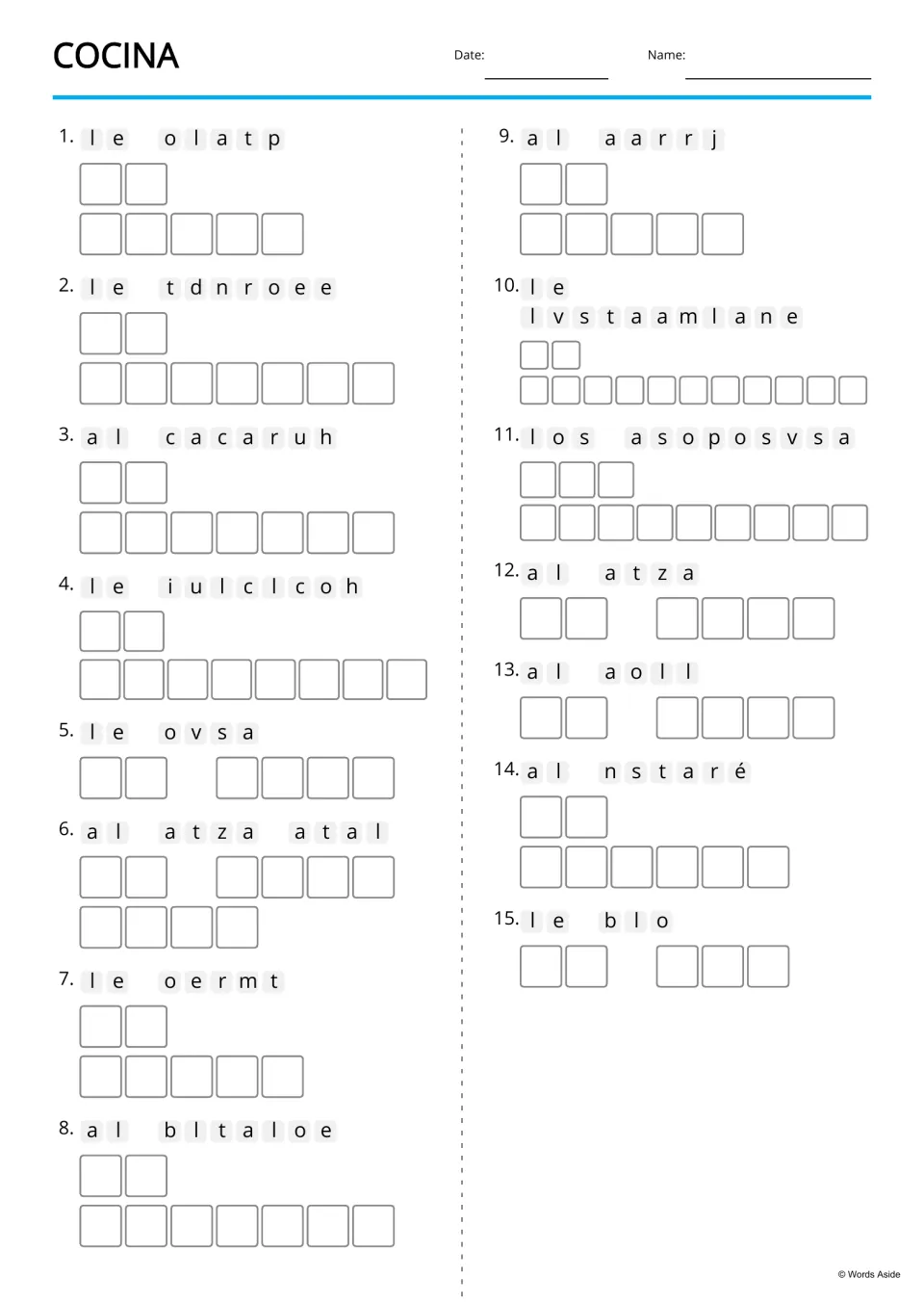 Spanish kitchen anagrams without picture clues cover 15 terms, including la taza (cup) and el bol (bowl)