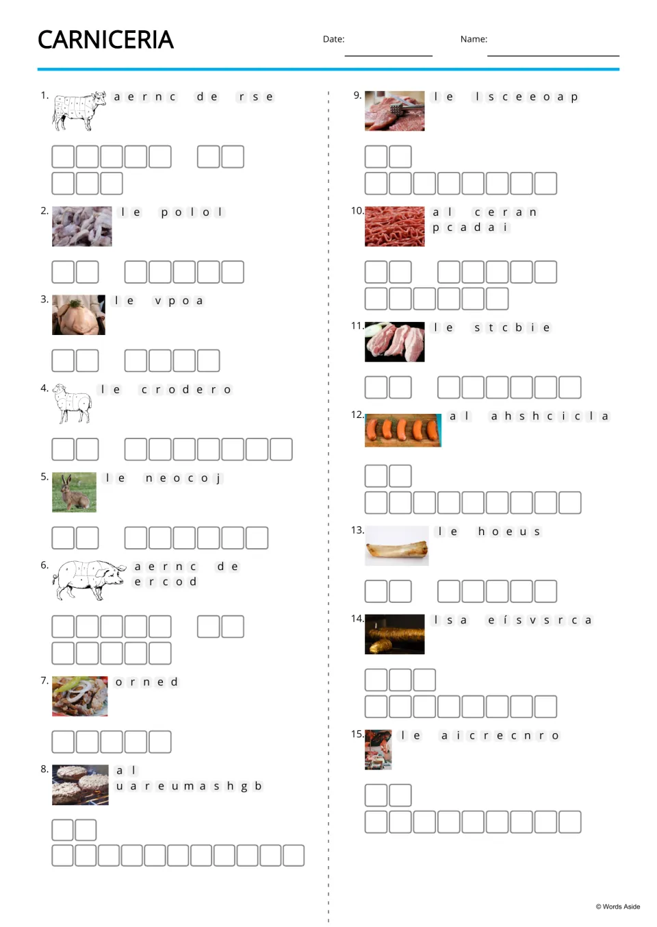 Spanish meat vocabulary anagrams for 15 pictured terms, including el pollo (chicken) and el pavo (turkey)