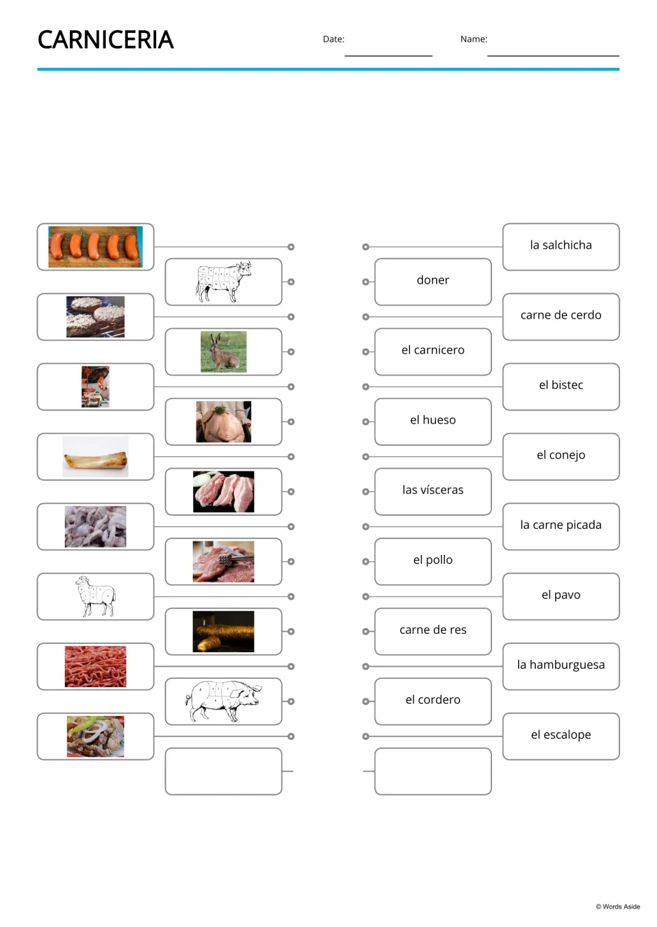 Spanish meat vocabulary matching: 15 pictures and terms, including la salchicha (sausage) and el hueso (bone)