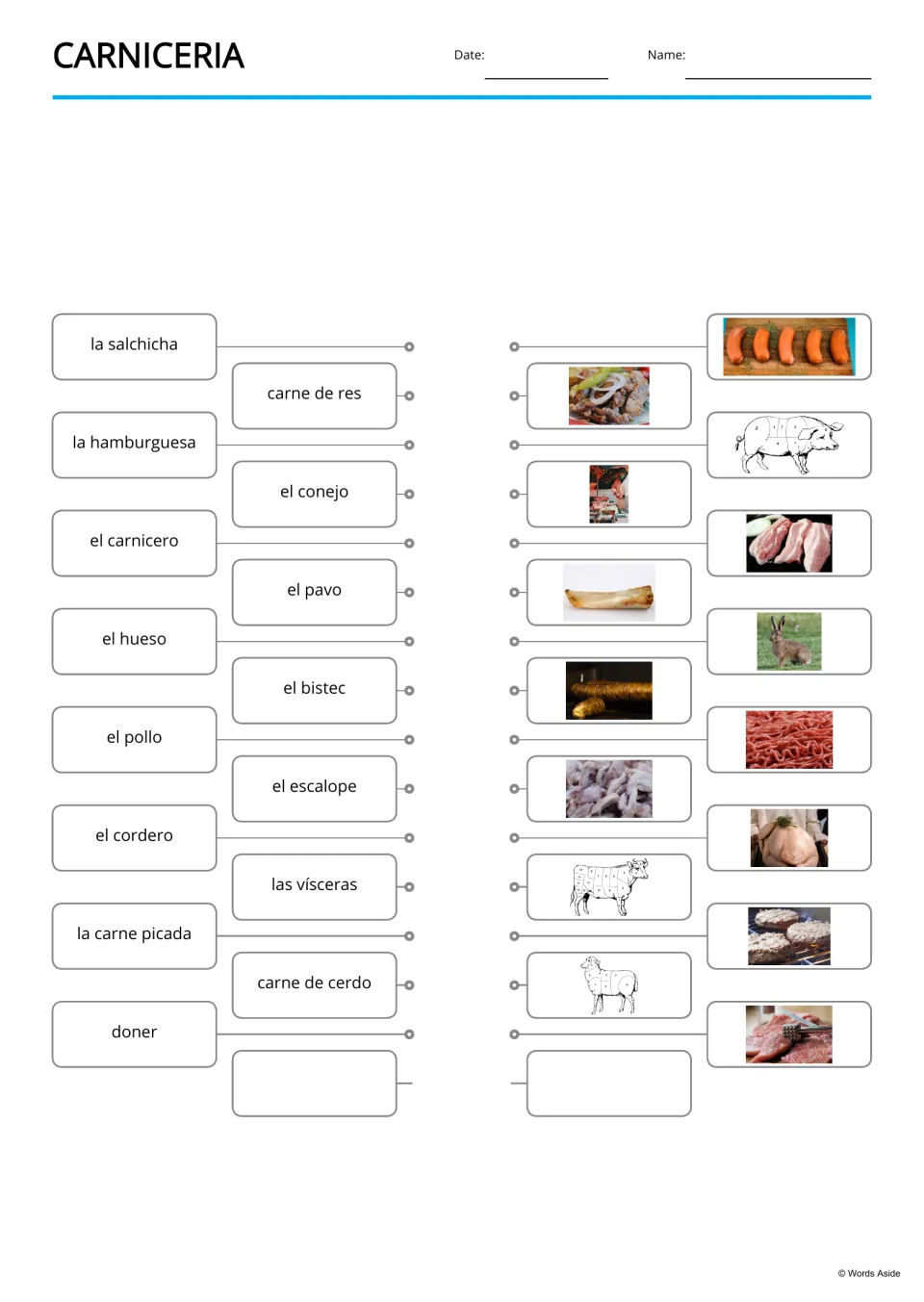 Spanish meat vocabulary matching: 15 terms and pictures, including el conejo (rabbit) and el cordero (lamb)