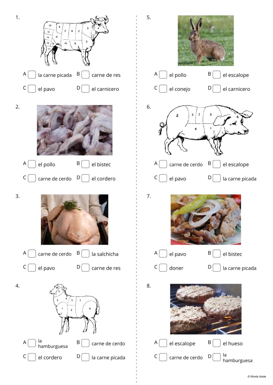 Spanish picture-based multiple choice, items 1–8: beef, chicken, turkey, lamb, rabbit, pork, doner, and hamburger