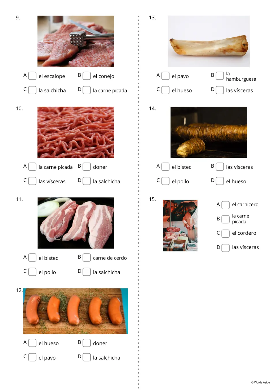 Spanish picture-based multiple choice, items 9–15: escalope, ground meat, steak, sausage, bone, offal, and butcher