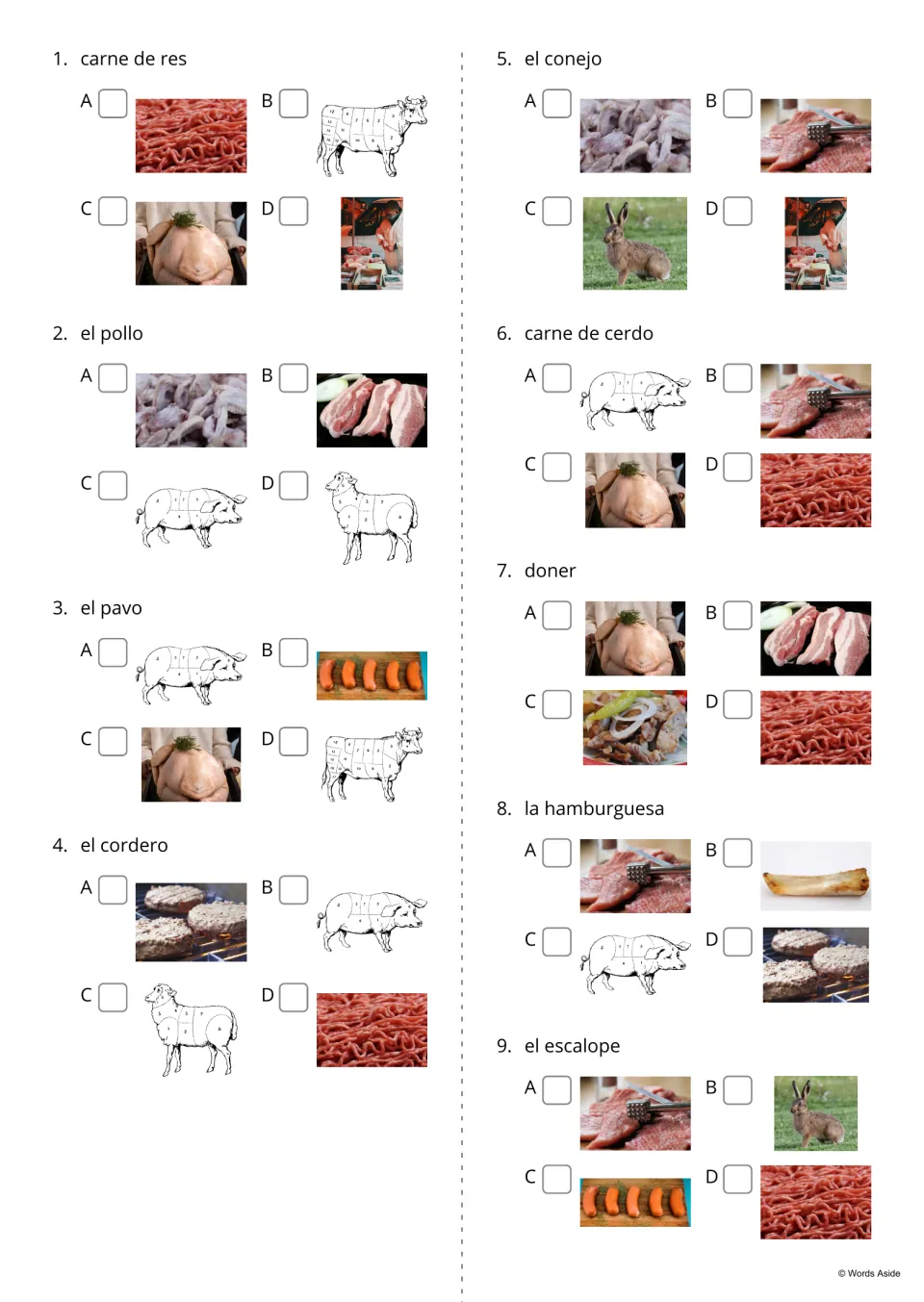 Spanish word-to-picture multiple choice, items 1–9, including carne de res (beef) and carne de cerdo (pork)
