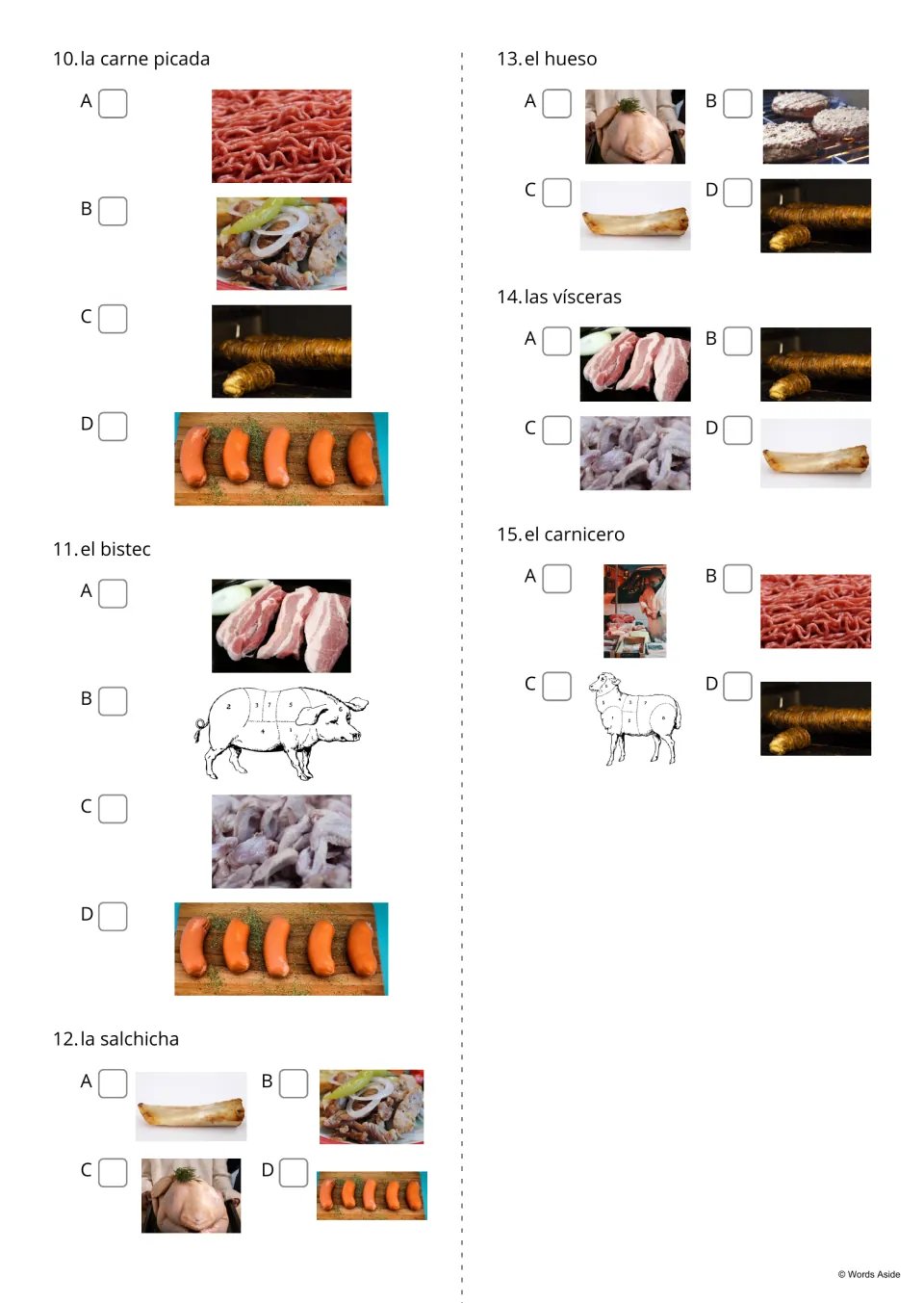 Spanish word-to-picture multiple choice, items 10–15: ground meat, steak, sausage, bone, offal, and butcher