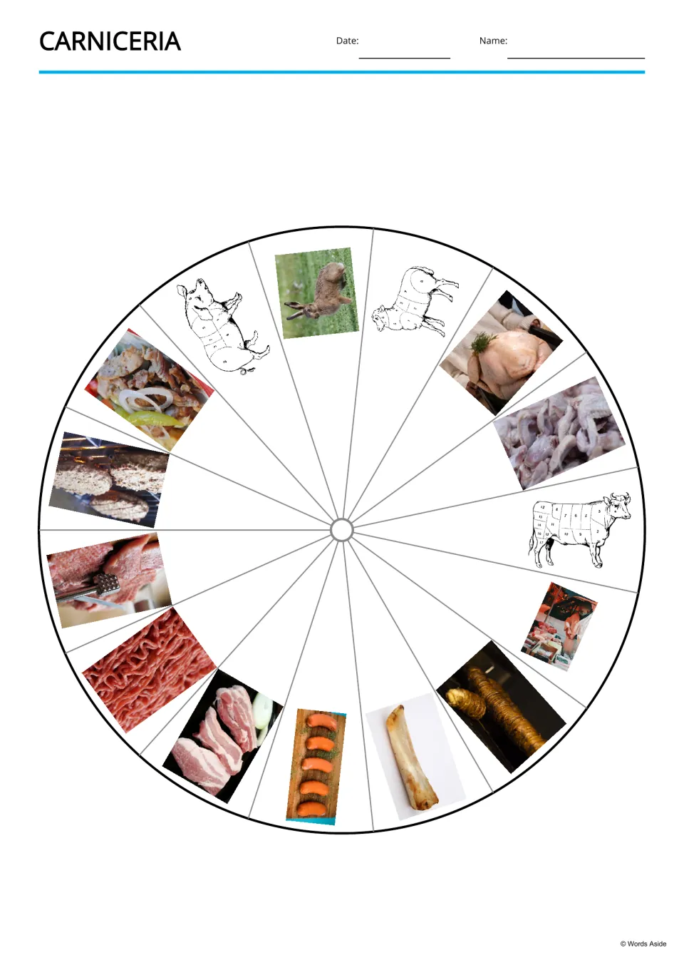 Spanish meat vocabulary picture wheel featuring all 15 terms, including chicken, rabbit, sausage, and butcher