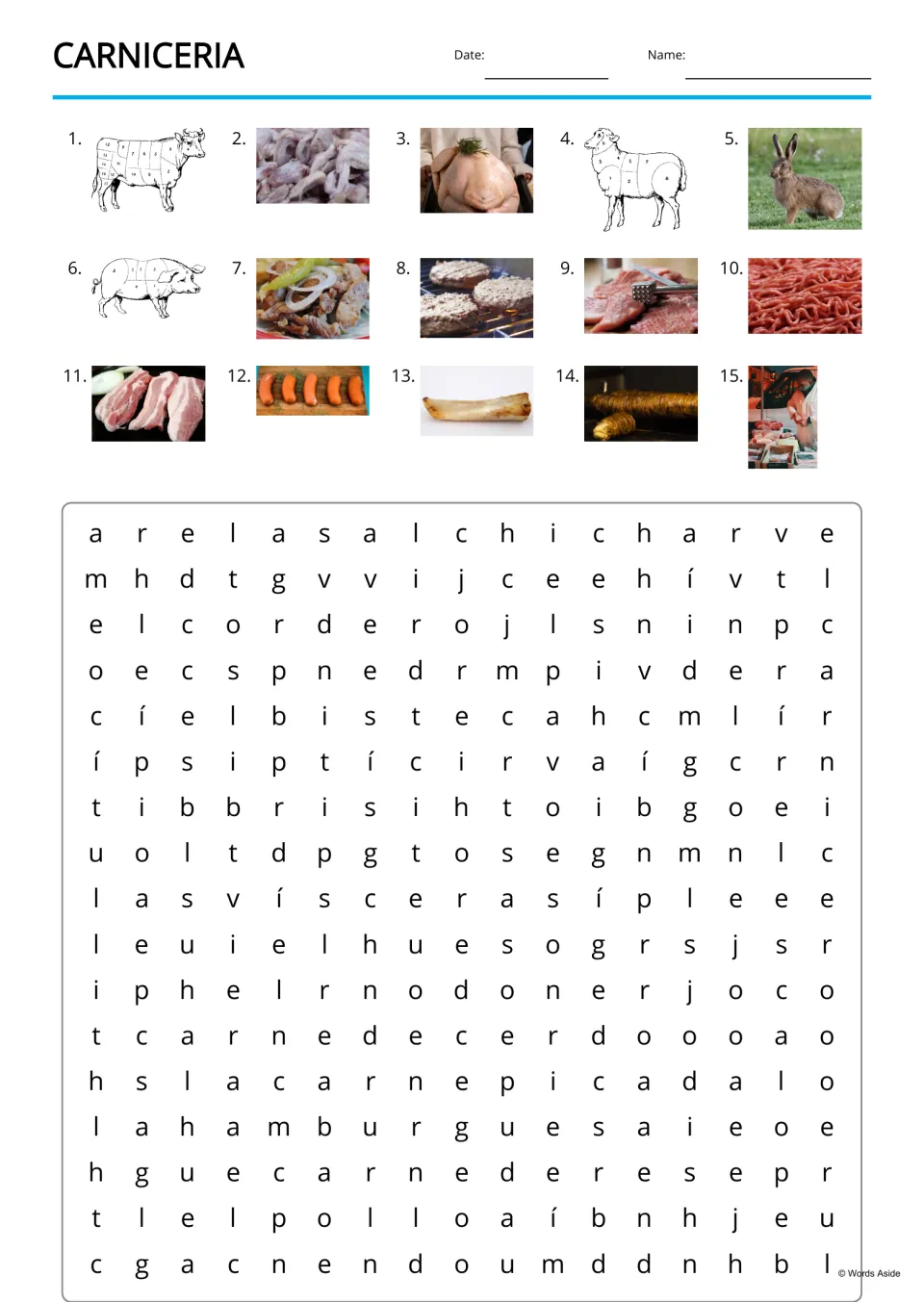 Spanish meat vocabulary word search with 15 picture clues, including el pollo (chicken) and el hueso (bone)