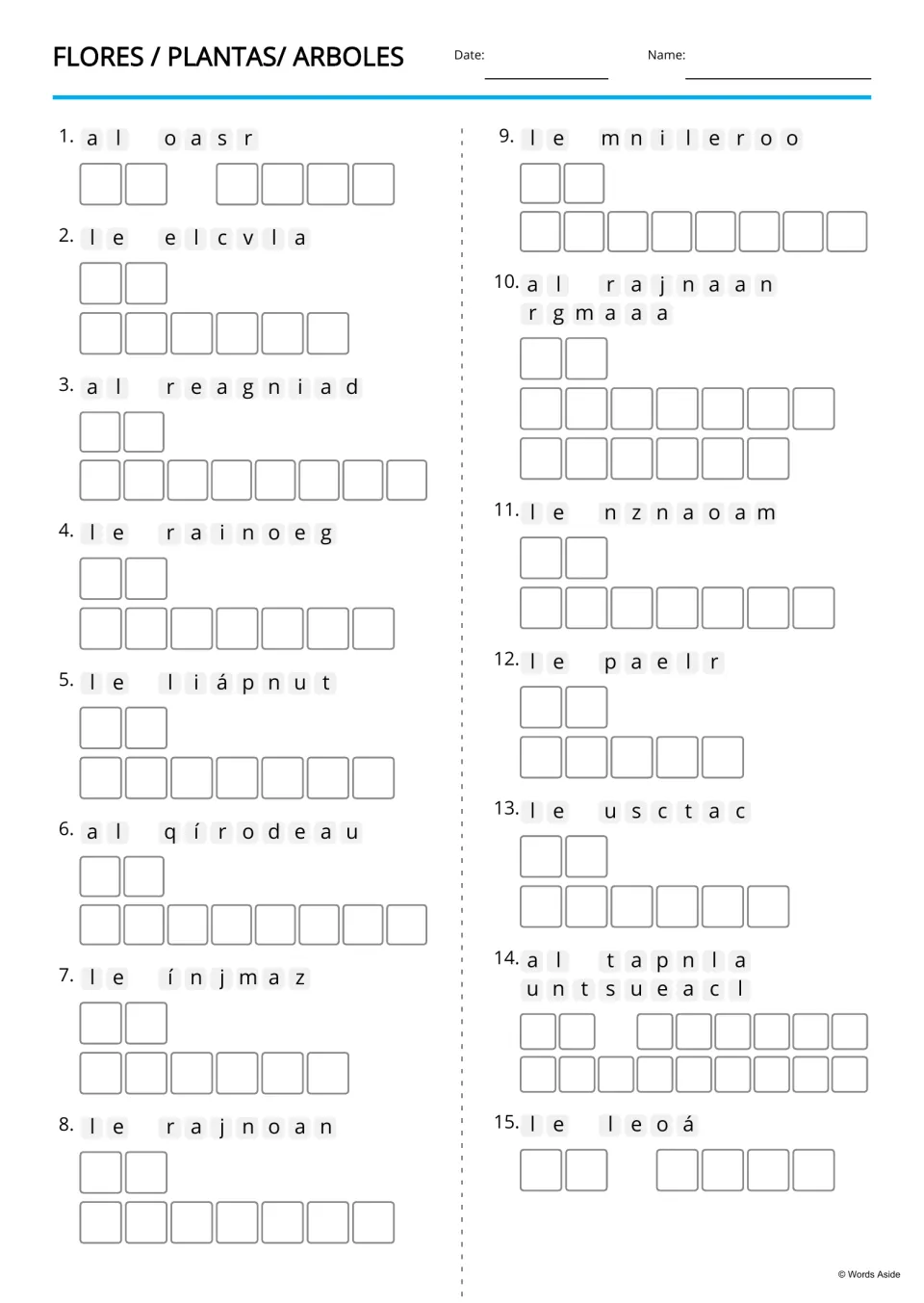 Text-only Spanish anagrams for 15 plant terms, including la orquídea (orchid) and el jazmín (jasmine)