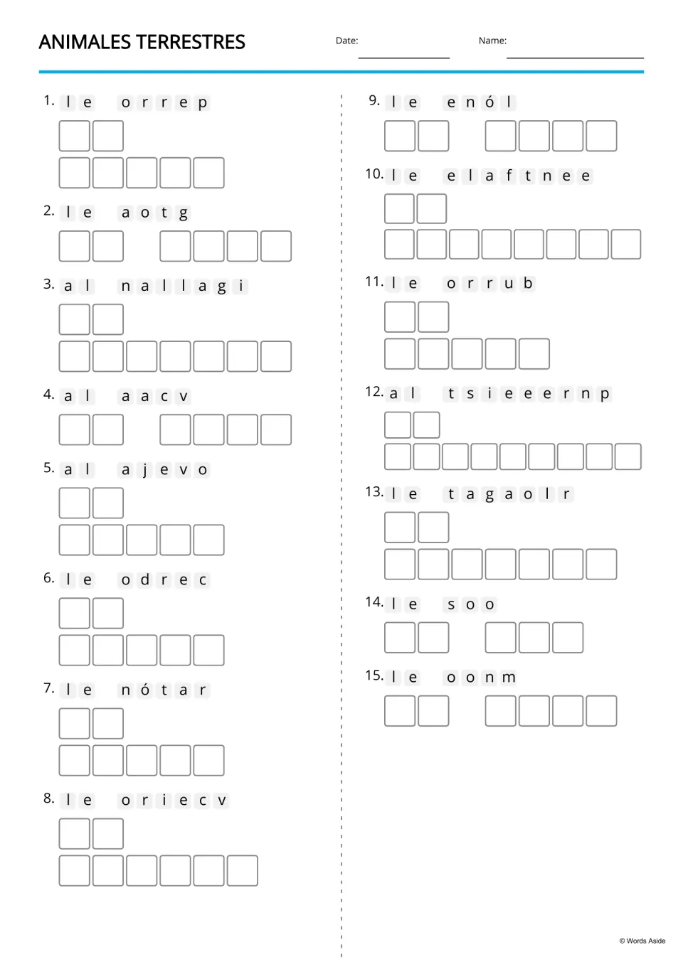 Picture-free animal anagrams: students unscramble both article and noun, such as 'le orrep' for el perro, in 15 items