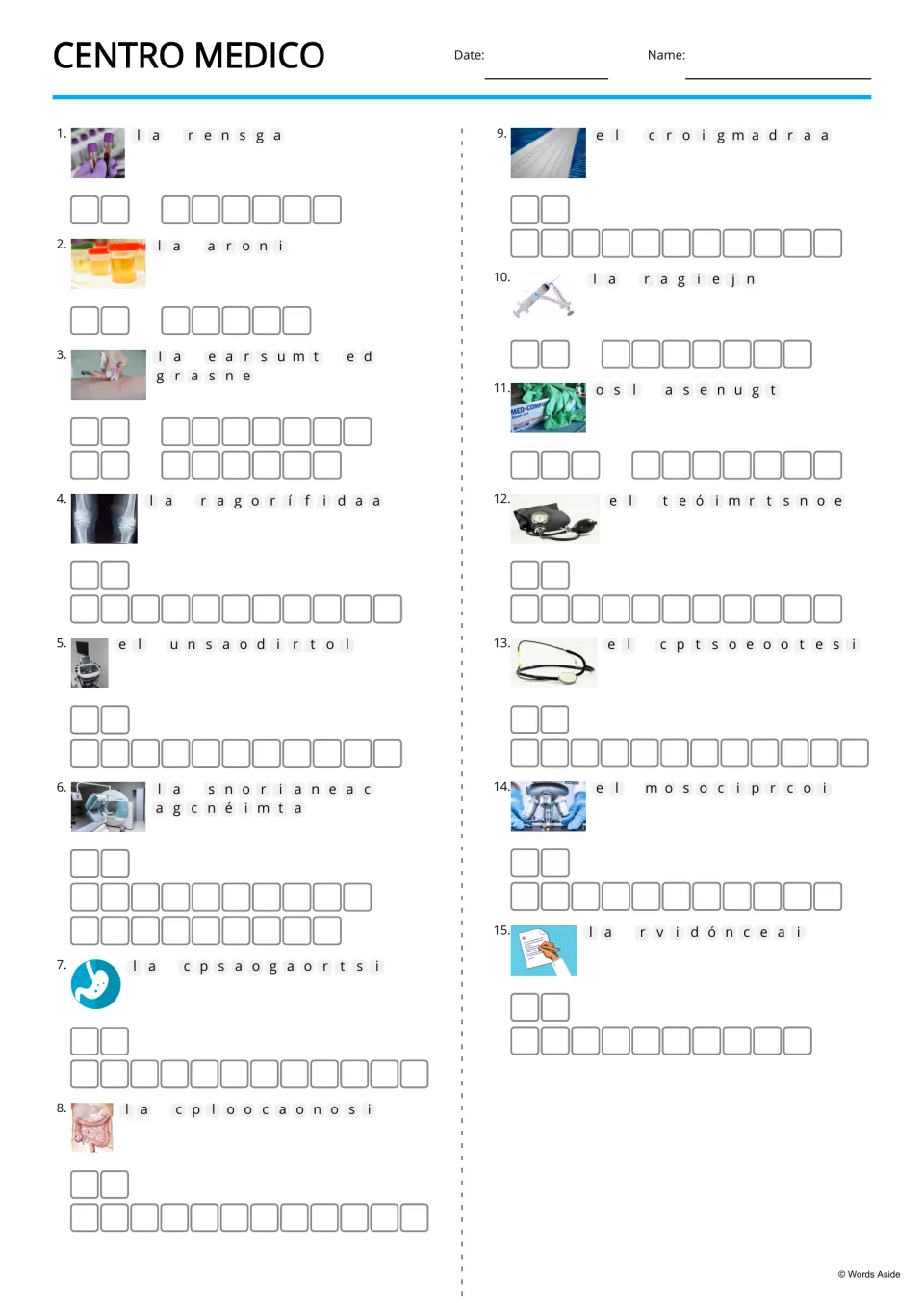 Picture-supported Spanish anagrams for 15 medical terms, including la sangre (blood) and la orina (urine)