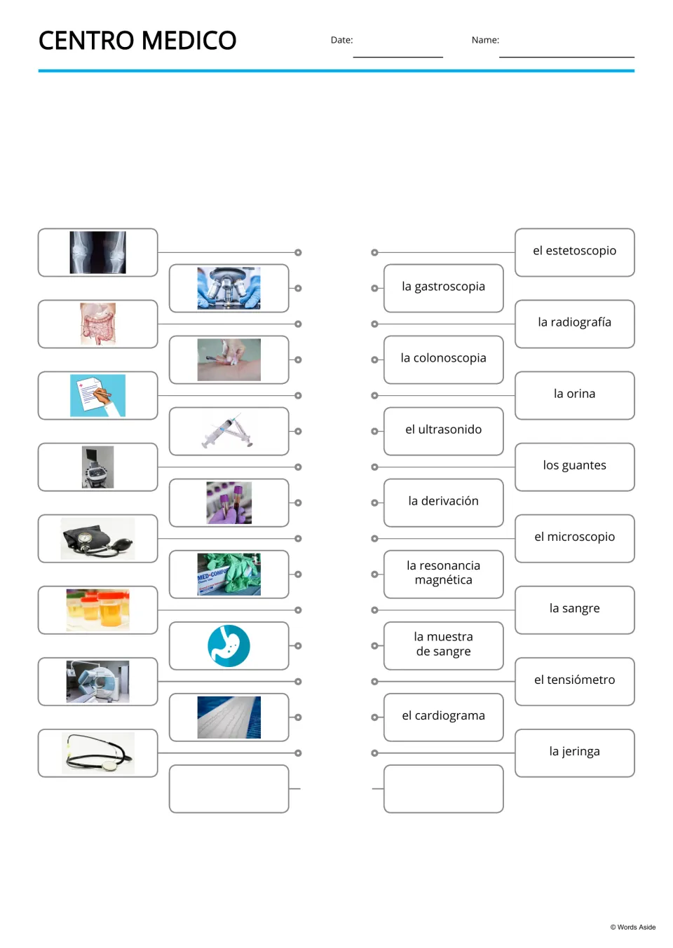 Spanish picture-to-word matching for 15 medical terms, including la jeringa (syringe) and los guantes (gloves)