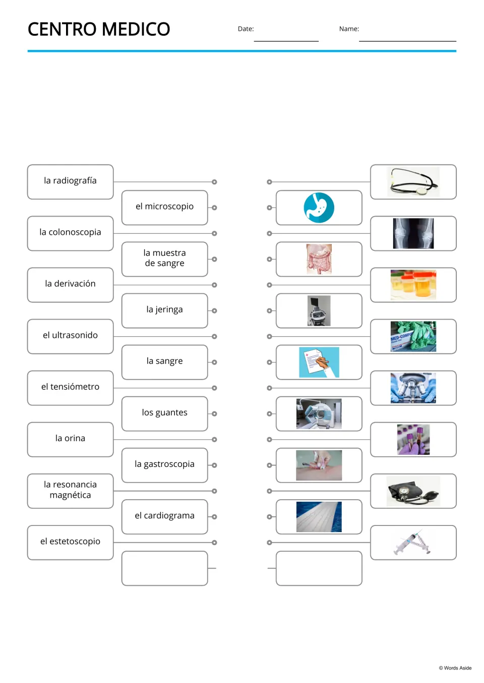 Spanish word-to-picture matching for 15 medical terms, including la radiografía (X-ray) and la orina (urine)