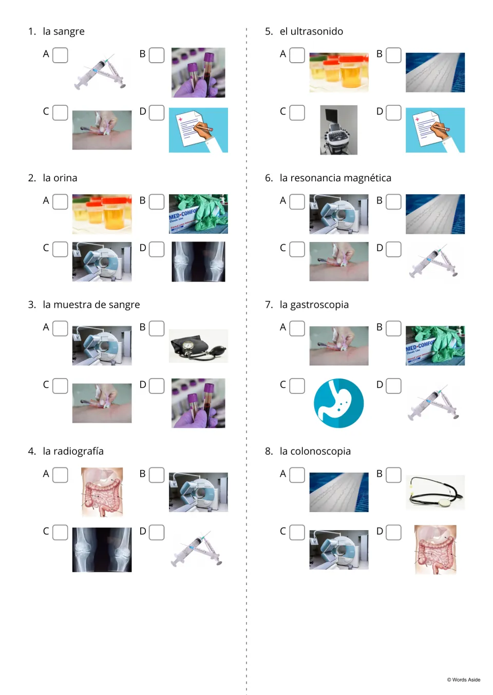 Spanish medical vocabulary questions 1–8 ask students to select pictures for blood, urine, X-rays, and more