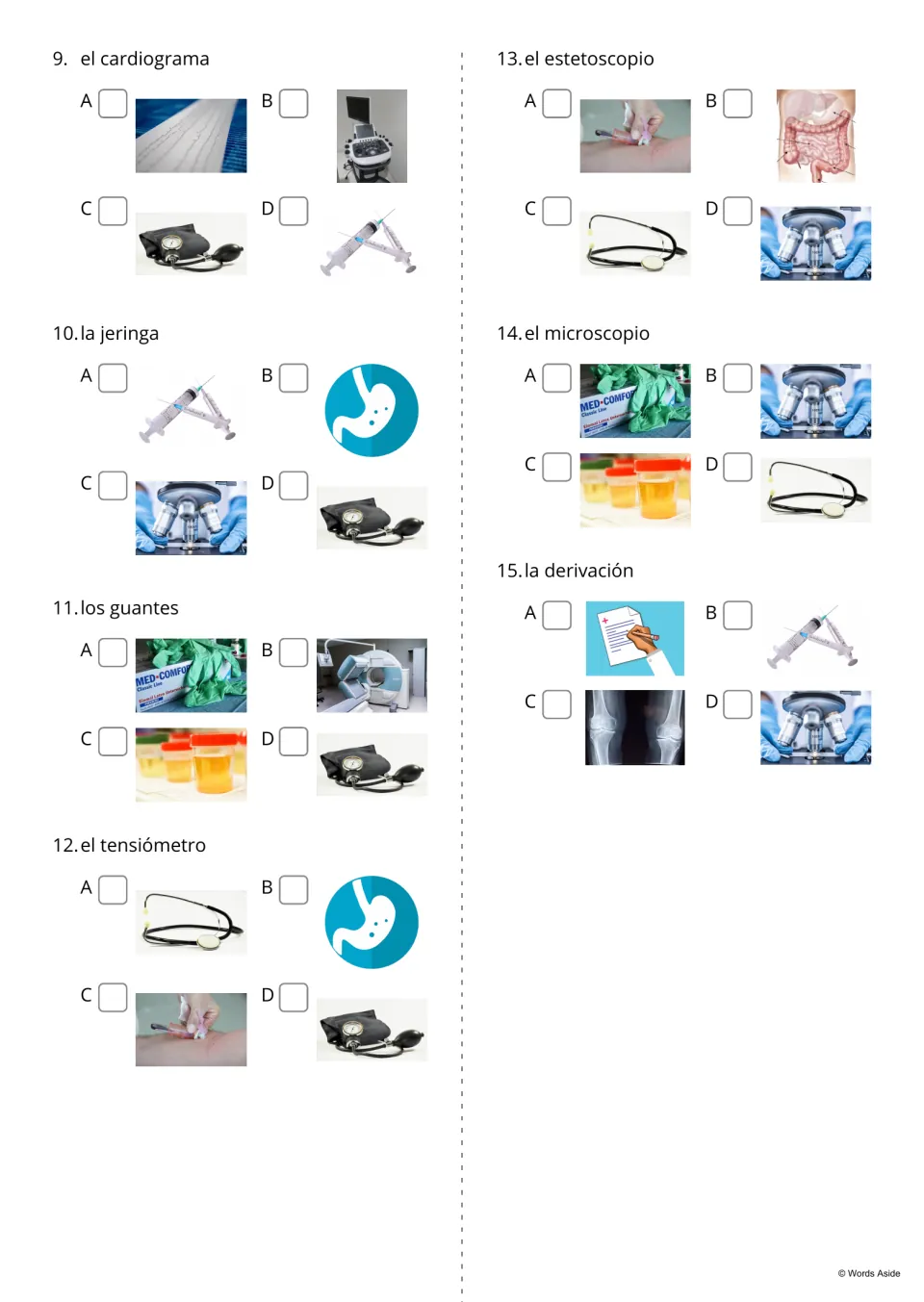 Spanish medical vocabulary questions 9–15 ask students to select pictures for syringes, gloves, and more