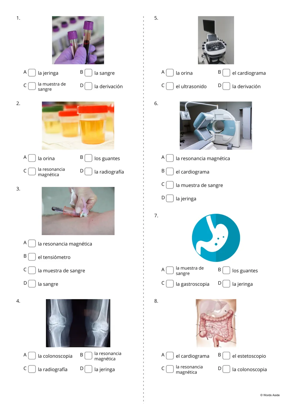 Spanish medical vocabulary questions 1–8 ask students to choose labels for blood, urine, X-rays, and more